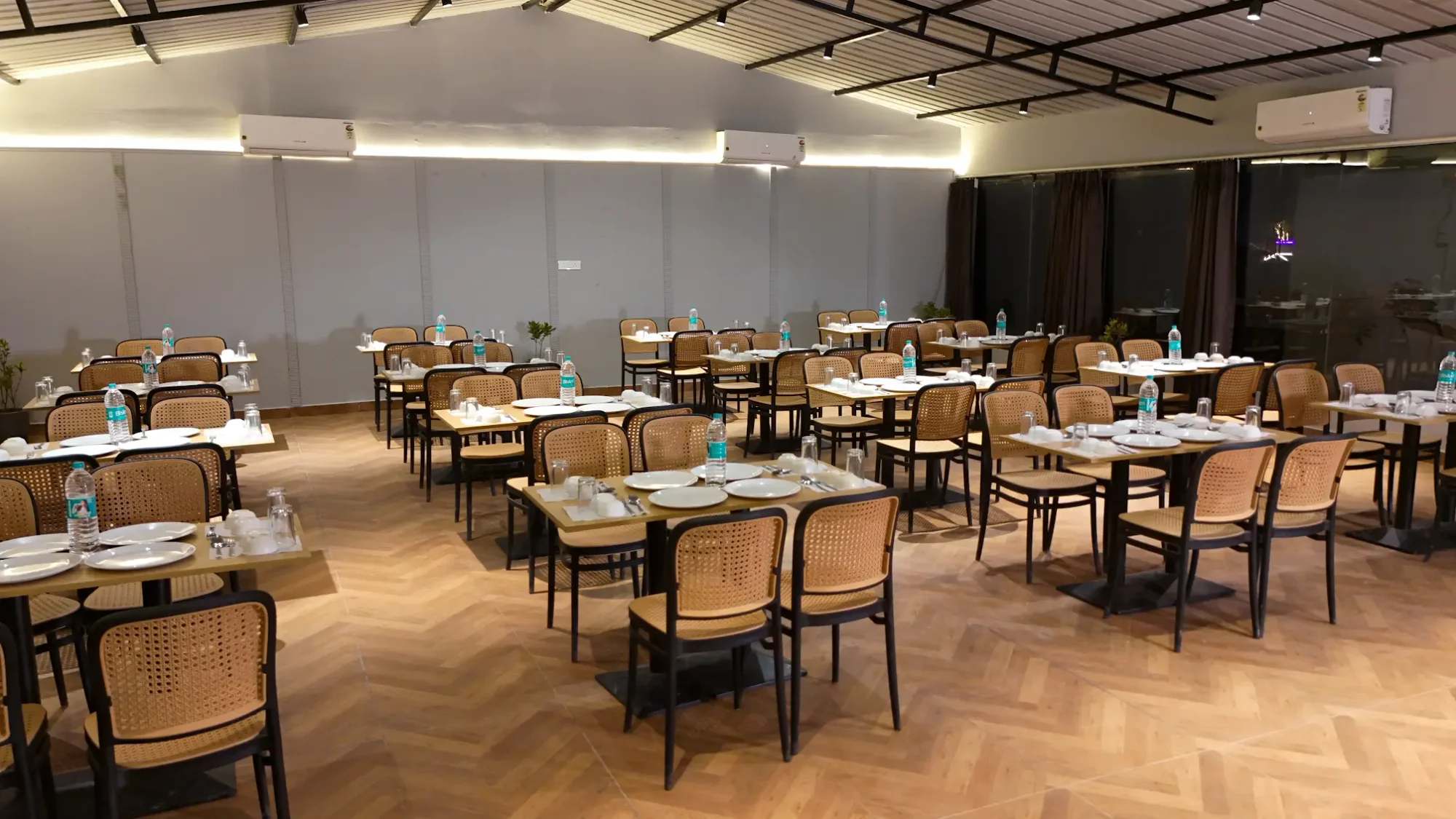 Tables arranged in the open-plan dining space