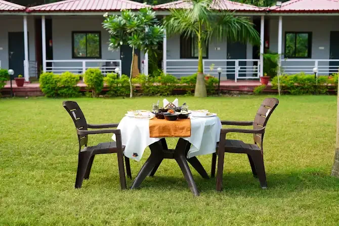 A dining table set on the lawn