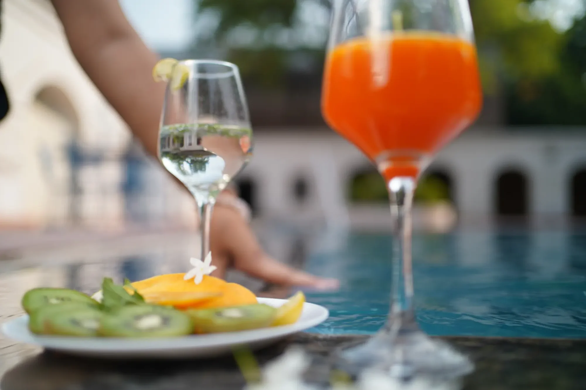 Drinks and food at a guest table