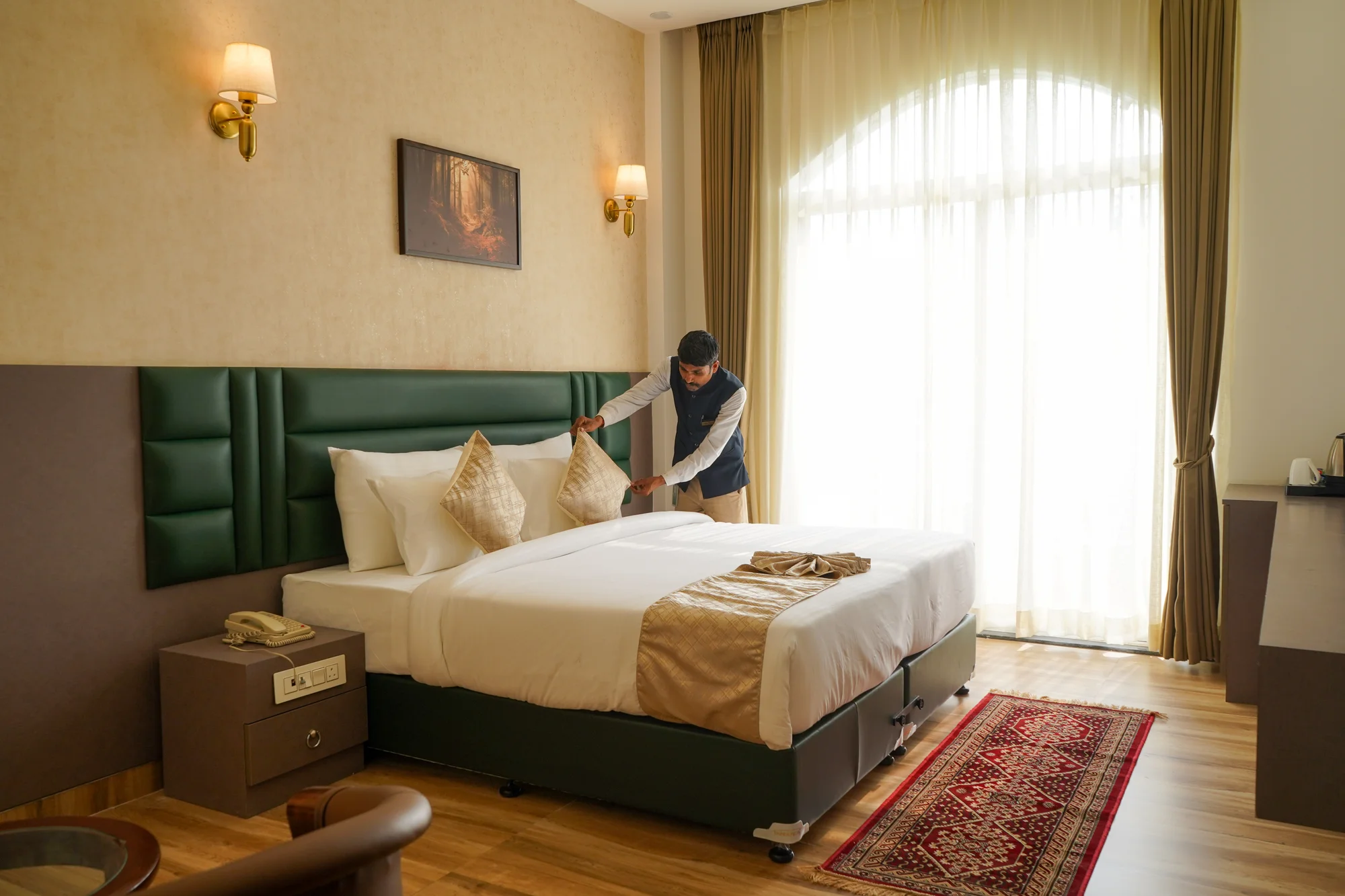 A guest room being prepared