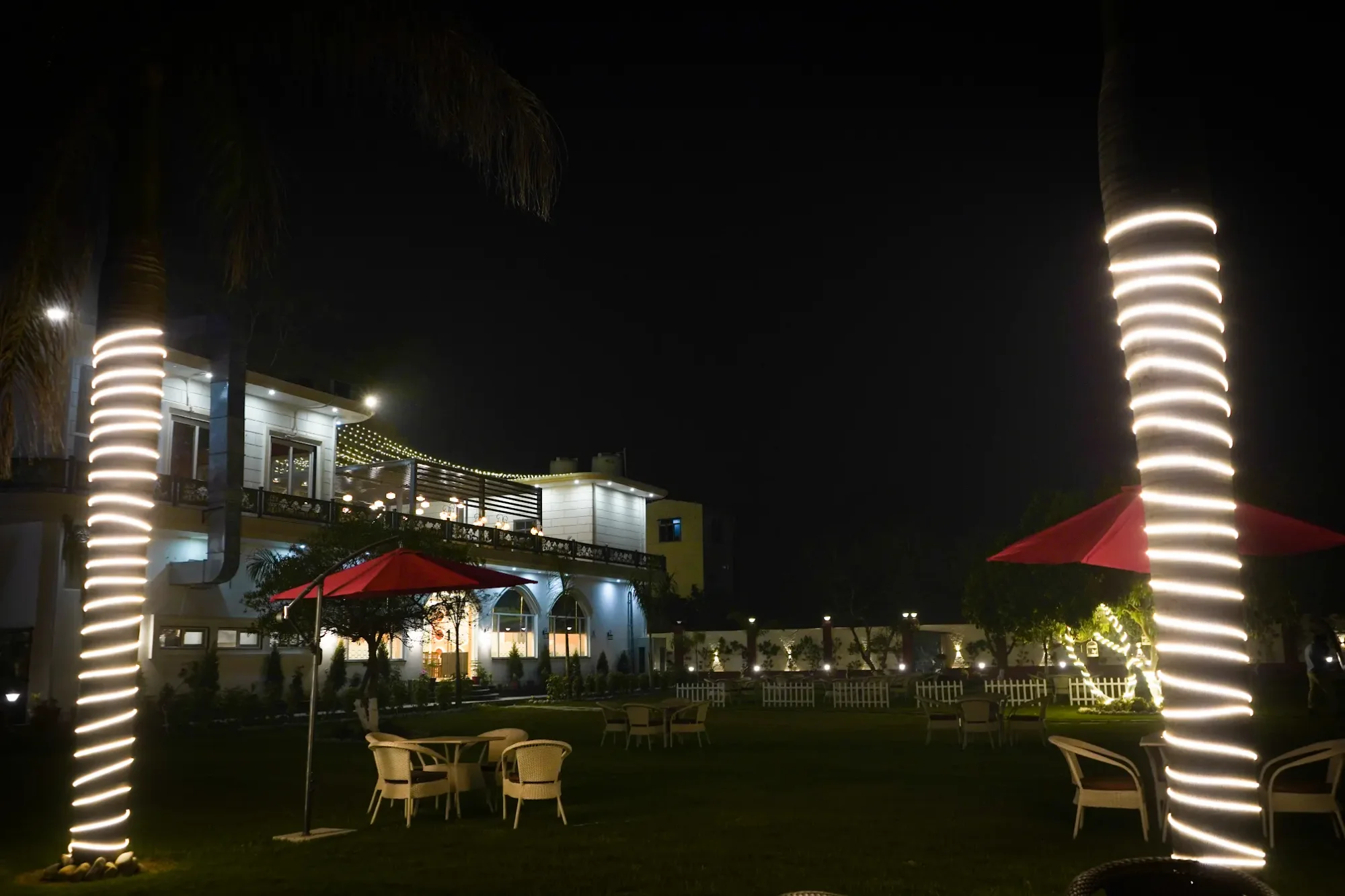 The property illuminated after dark