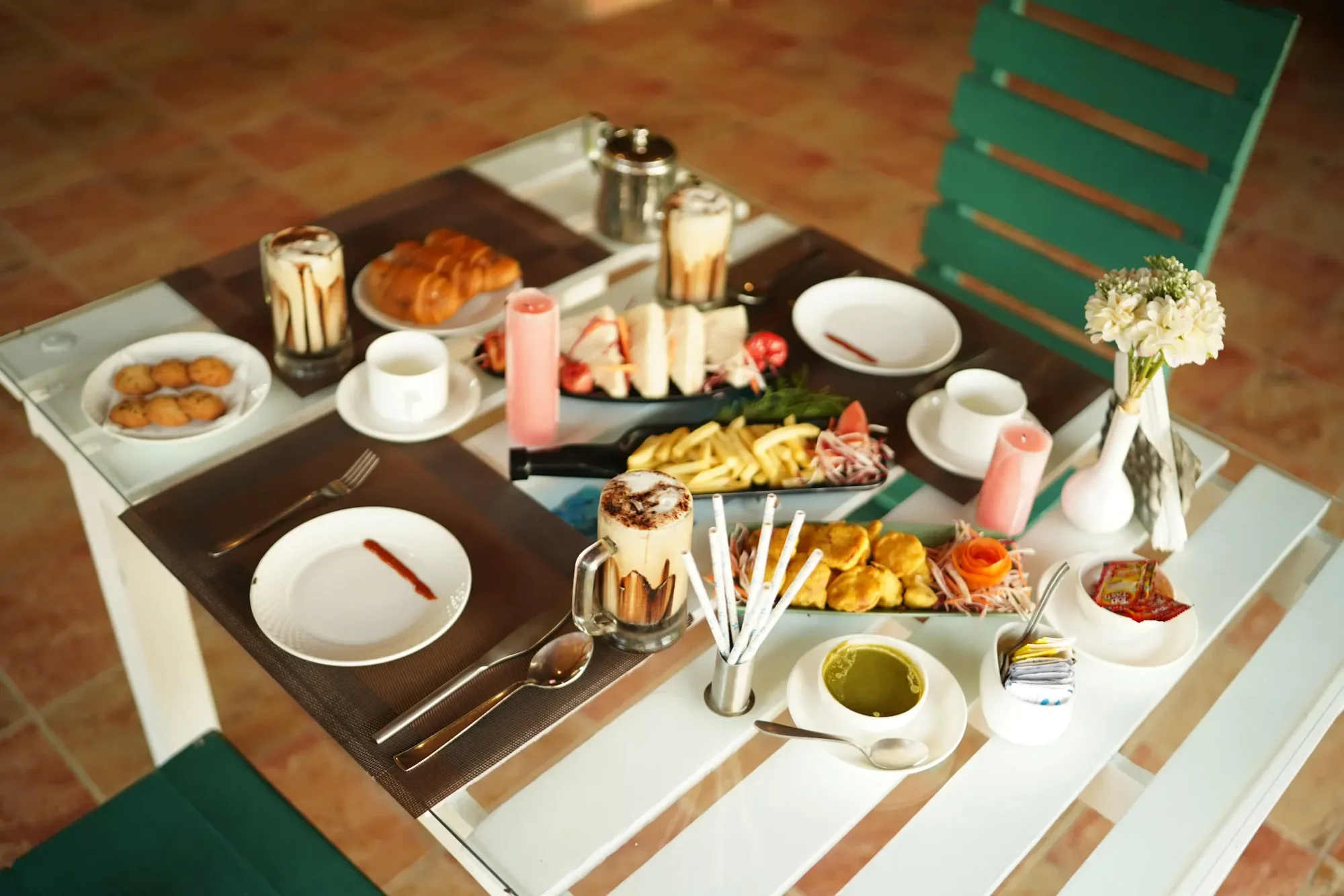 An overhead view of breakfast on the table
