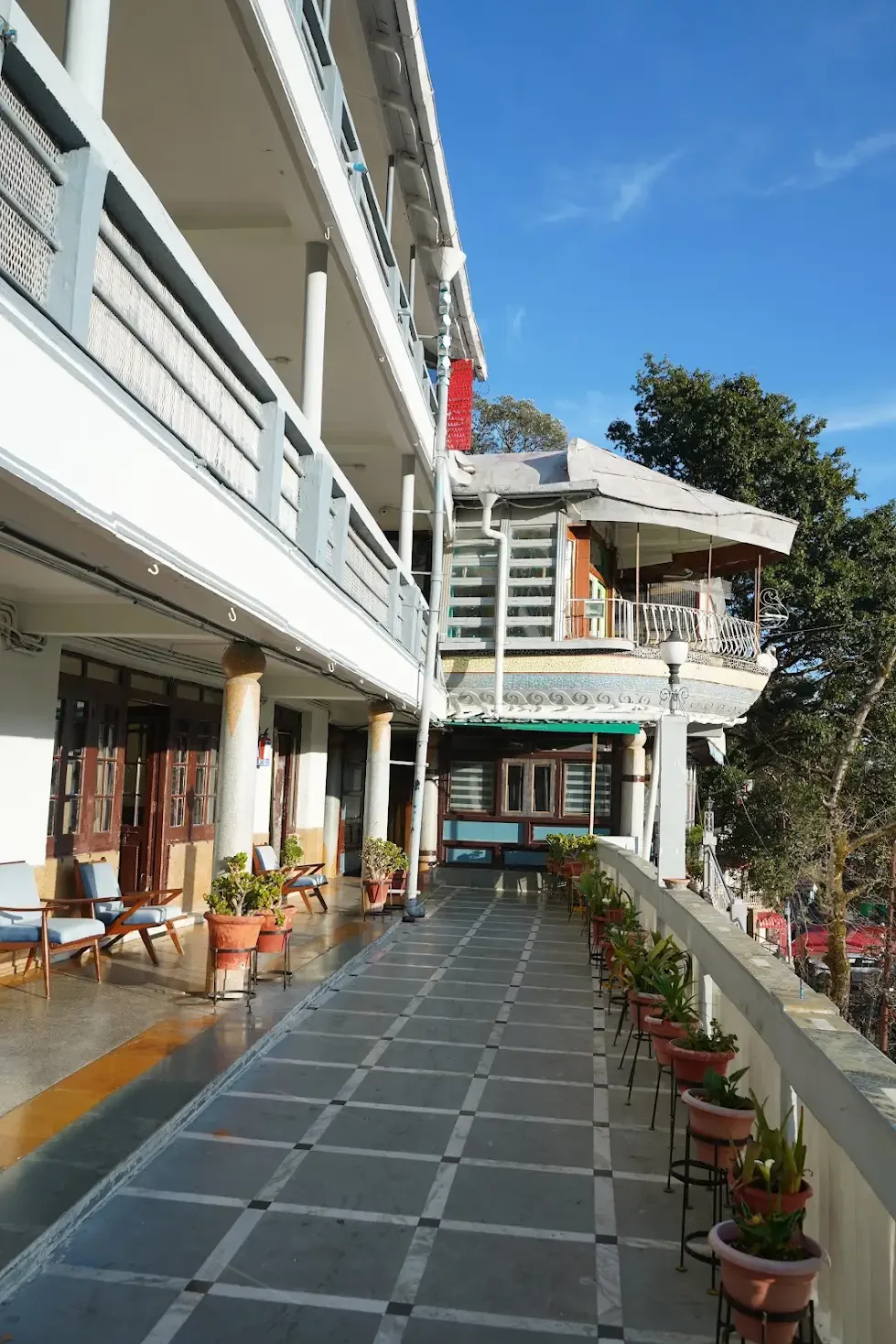 The hotel terrace and facade in daylight